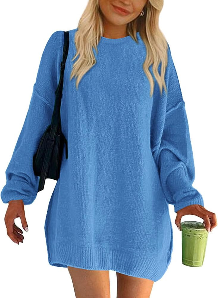 BTFBM 2023 Womens Sweaters Casual Crewneck Long Sleeve Oversized Sweater Dress Fall Winter Loose ... | Amazon (US)