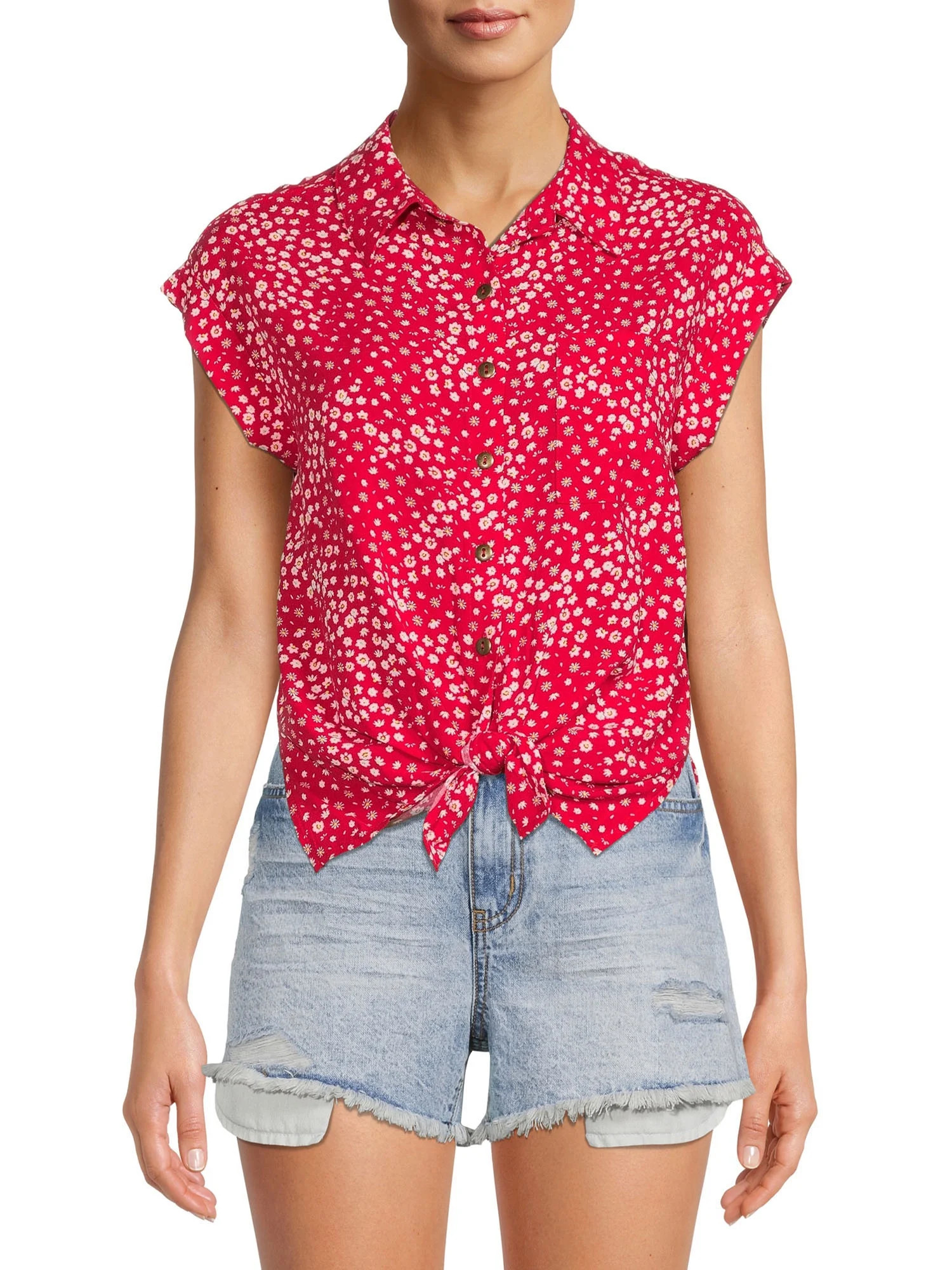 No Boundaries Juniors Tie Front Camp Shirt - Walmart.com | Walmart (US)
