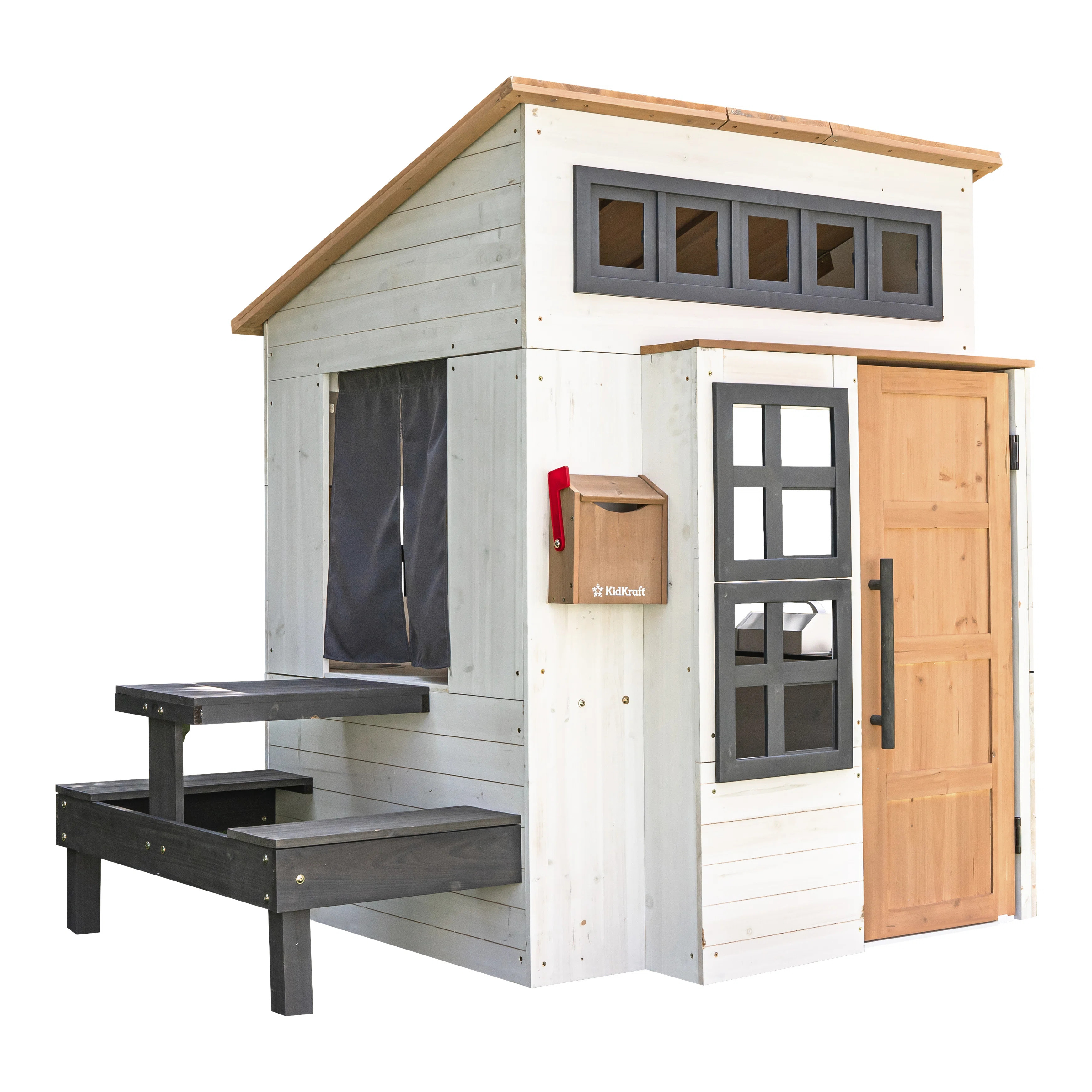 Modern Outdoor Wooden Playhouse With Picnic Table, Mailbox And Outdoor Grill, White & RavenByKidK... | Wayfair North America