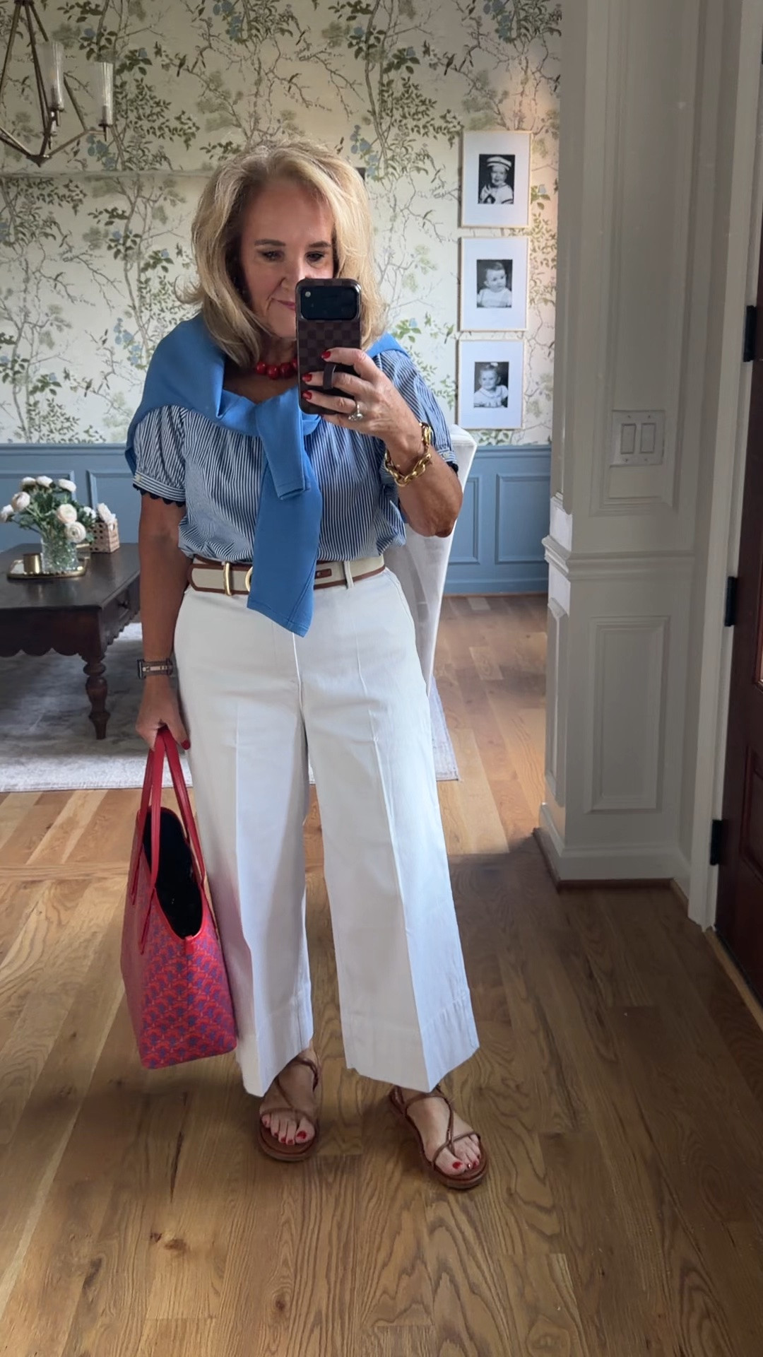 Spanx stretch twill pants I sized up to a large petite and they’re big so get your regular size if you want a more fitted pant or size up for a more relaxed look.
Blouse size medium
I always travel with an air essentials over my shoulders for the plane. Well that or Kashmir. But for summertime essentials is great. This is a crewneck and a medium.

#LTKSaleAlert #LTKOver40 #LTKootd