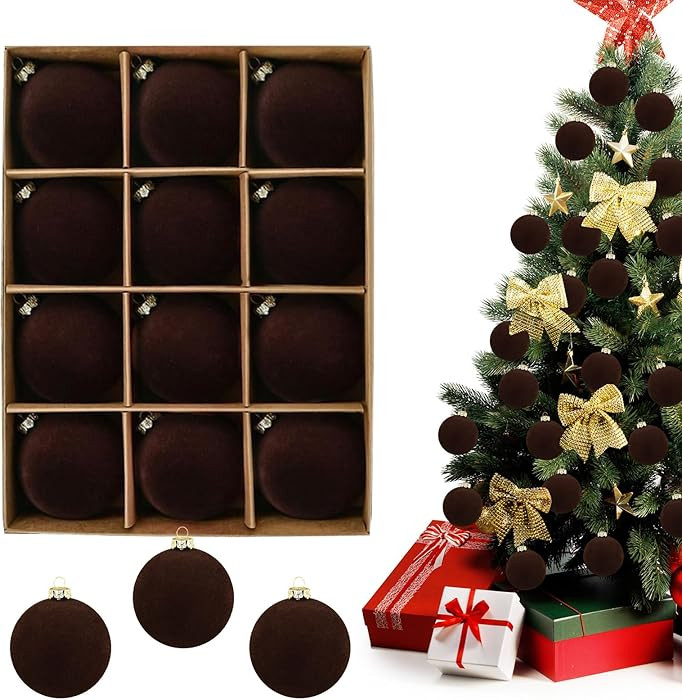 Velvet Christmas Ornaments, 3.14in Flocked Shatterproof Balls, 12 Pcs, Brown, Velvet Plastic, Chr... | Amazon (CA)
