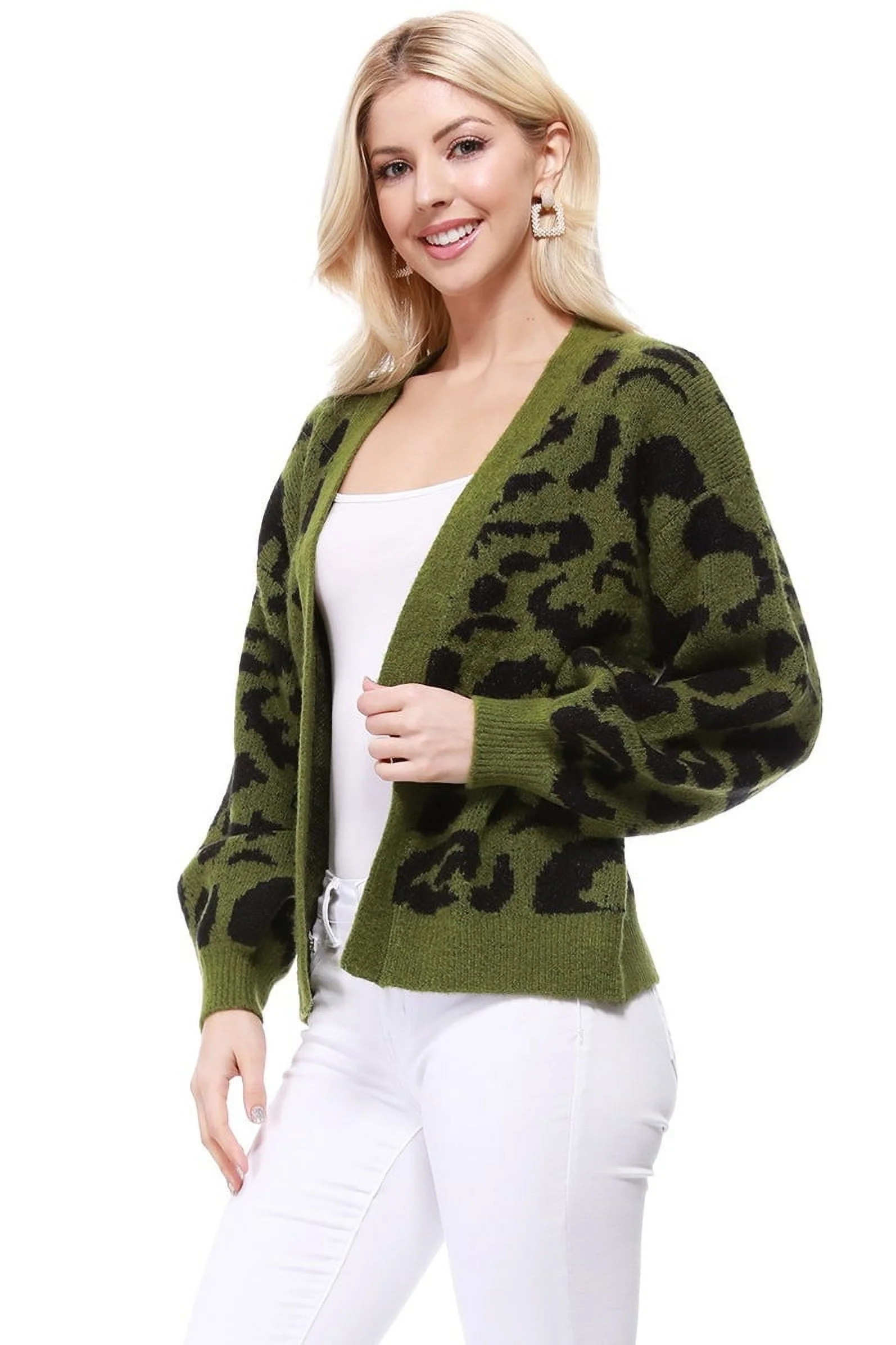 Yemak Women s Chunky Leopard Print Open Front Long Sleeve Jacket Sweater Cardigan HK8254LEO-SAGE/BLACK-M/L | Walmart (US)