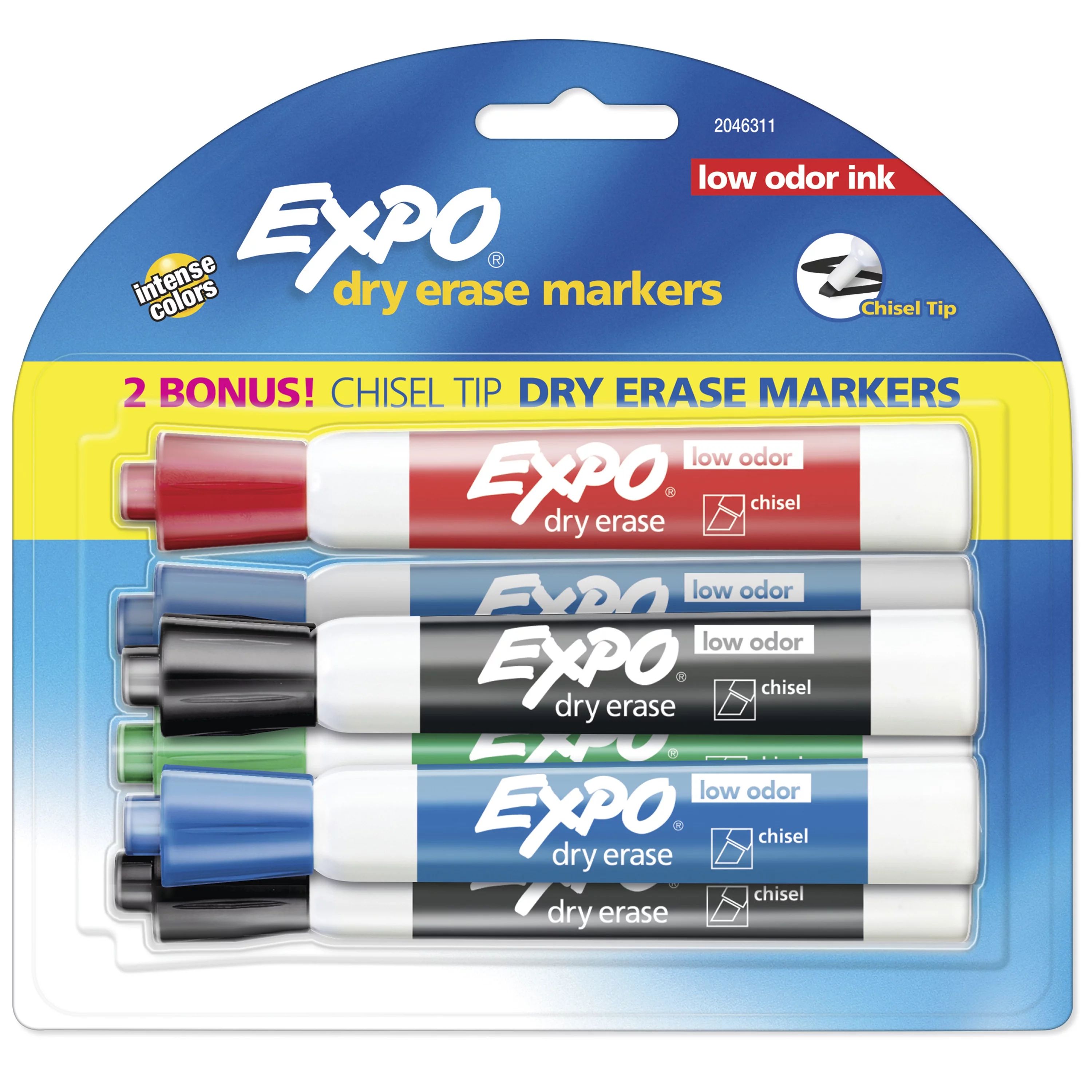 Expo Low Odor Dry Erase Markers, Chisel Tip, Assorted Colors, Includes 2 Bonus Markers, 6 Count | Walmart (US)