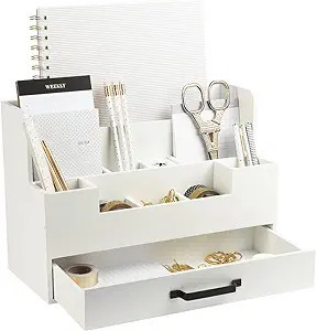 BLU MONACO White Wooden Desk Organizer with Drawer - Office Desk Accessories and Organizer Desk C... | Amazon (US)
