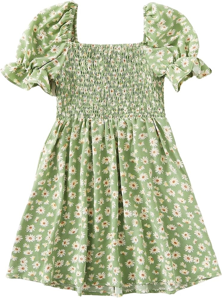 Amazon.com: Milumia Girl Floral Shirred Puff Short Sleeve Ruffle Square Neck Short A Line Dress M... | Amazon (US)