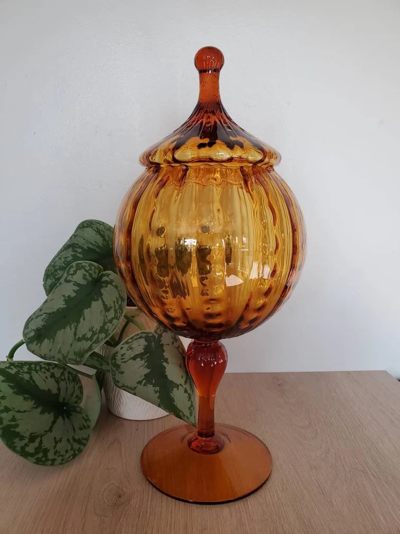 Vintage Amber MCM Empoli Optic Tall Apothecary Jar. Empoli Genie. Boho MCM Tall Amber Apothecary.... | Etsy (US)