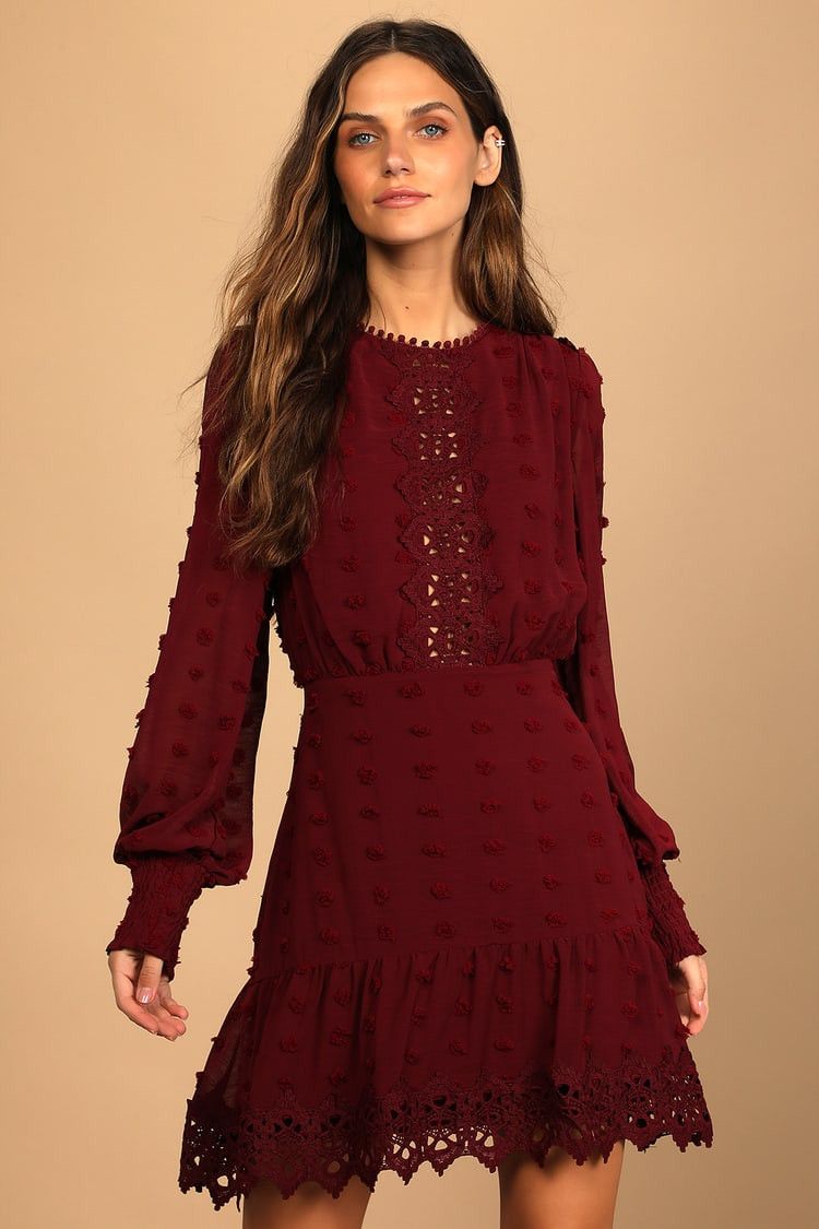 Lust or Love Wine Red Embroidered Lace Long Sleeve Dress - Wedding Guest Dress | Lulus (US)