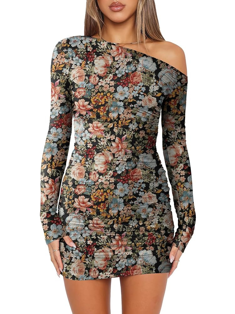 Prinbara Womens Mesh Long Sleeve Off Shoulder Mini Dress 2025 Fall Sexy Date Night Going Out Ruch... | Amazon (US)