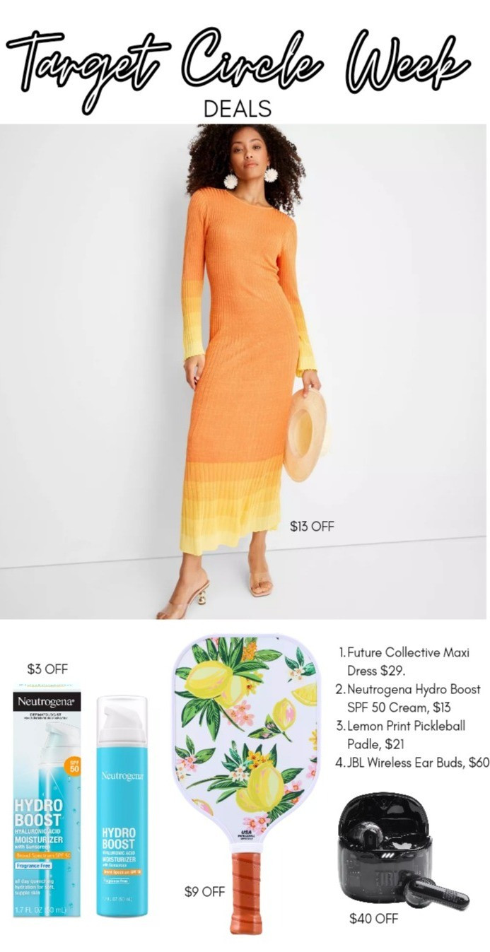 Target Circle Week deals through July 13. Orange ombre maxi dress for vacation or swim cover up. Neutrogena hydro boost SPF 50 moisturizer, lemon print pickleball paddle, JBL wireless ear buds.

#LTKSummerSales #LTKSaleAlert #LTKFindsUnder100