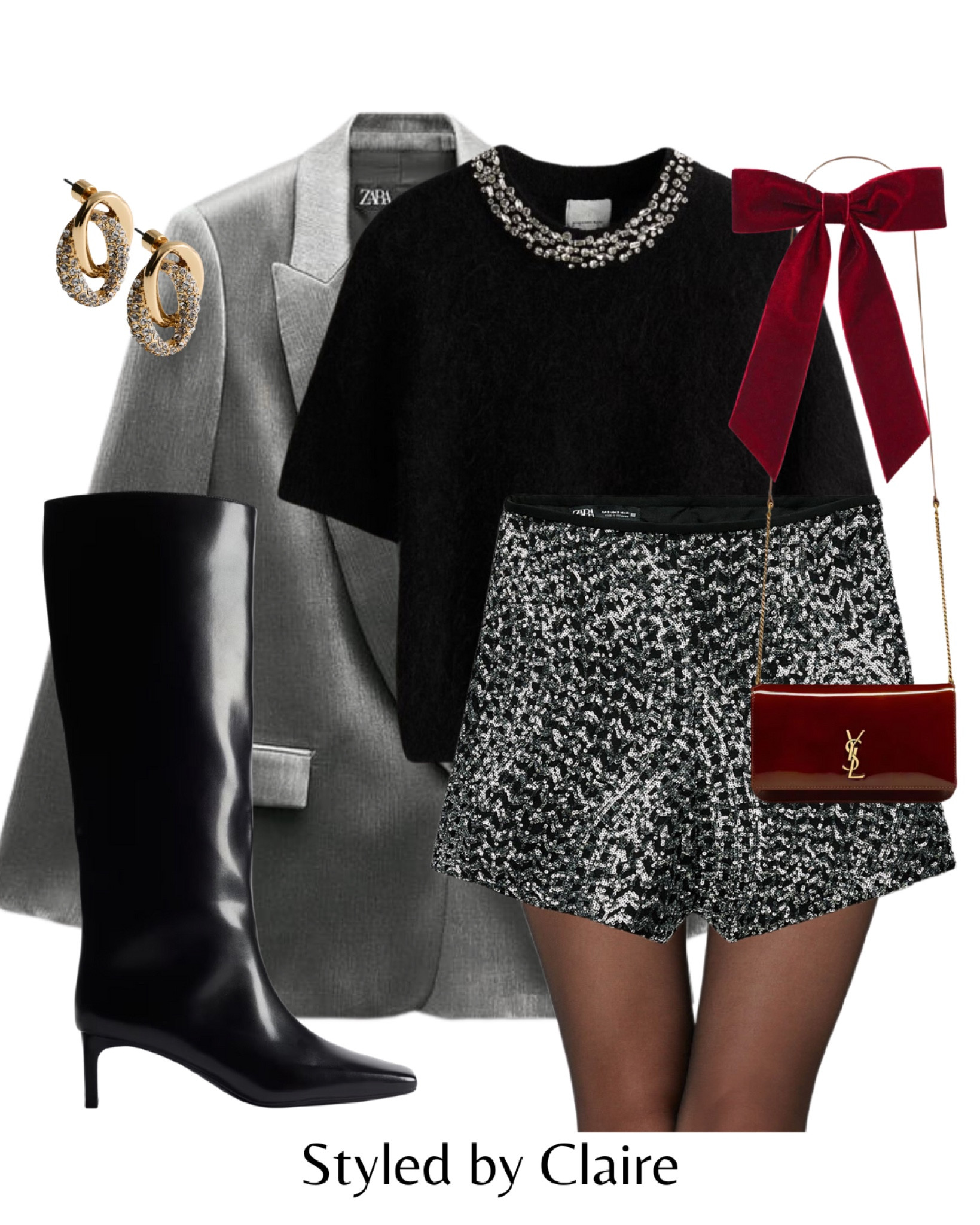 Chic Christmas party inspo with silver black sequin shorts🥂
Tags: shimmer blazer zara knee high boots yak burgundy bag bow patent mohair knit blend top with embellished collar earrings mango H&M fashion Xmas night out ideas classy women style 

#LTKstyletip #LTKpartywear
