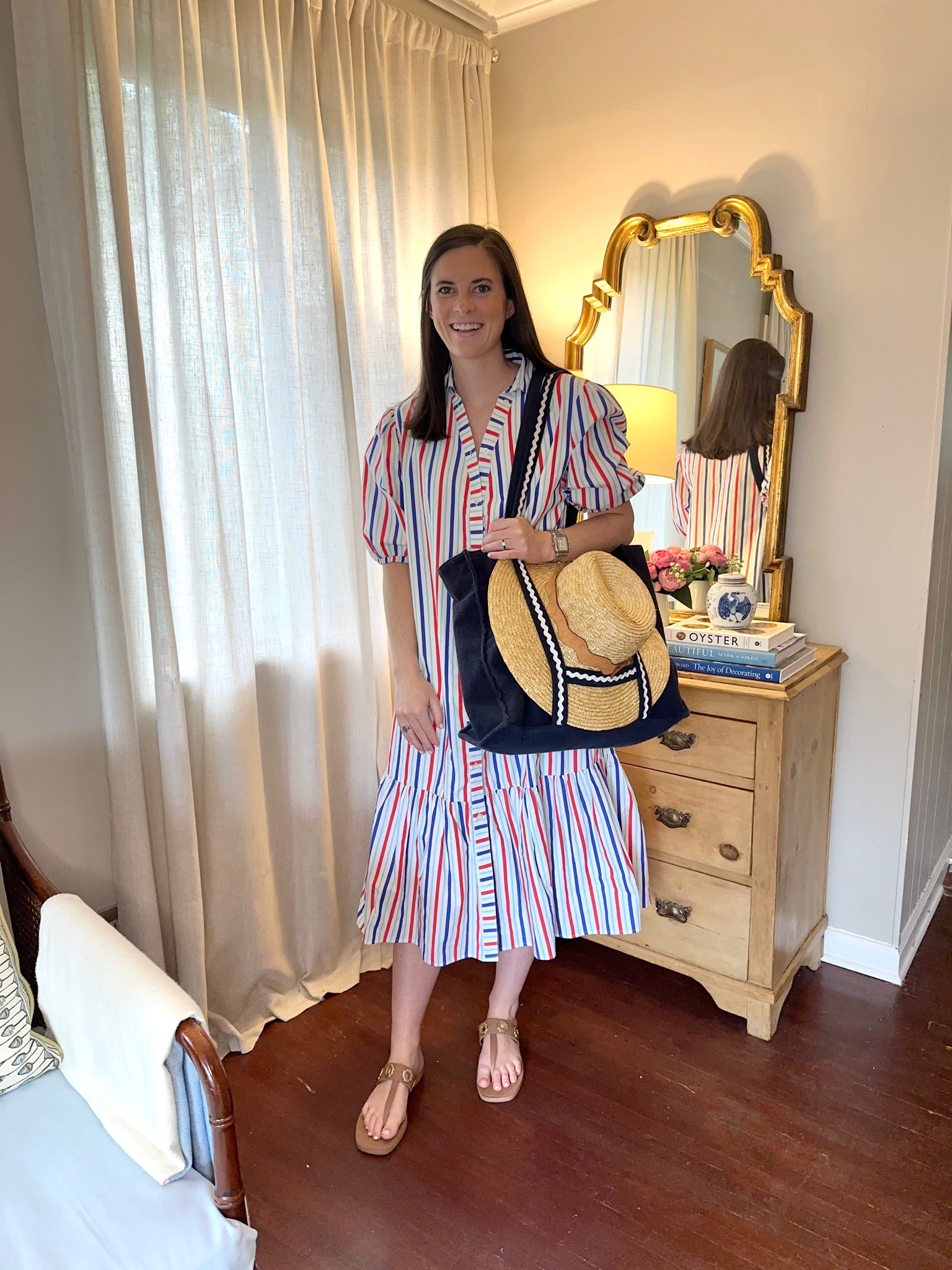 Fourth of July outfit inspiration. Addison bay patriotic stripe dress, Weezie beach bag, Laroude jelly sandals, and orijinal hat

#LTKFindsUnder100 #LTKFindsUnder50