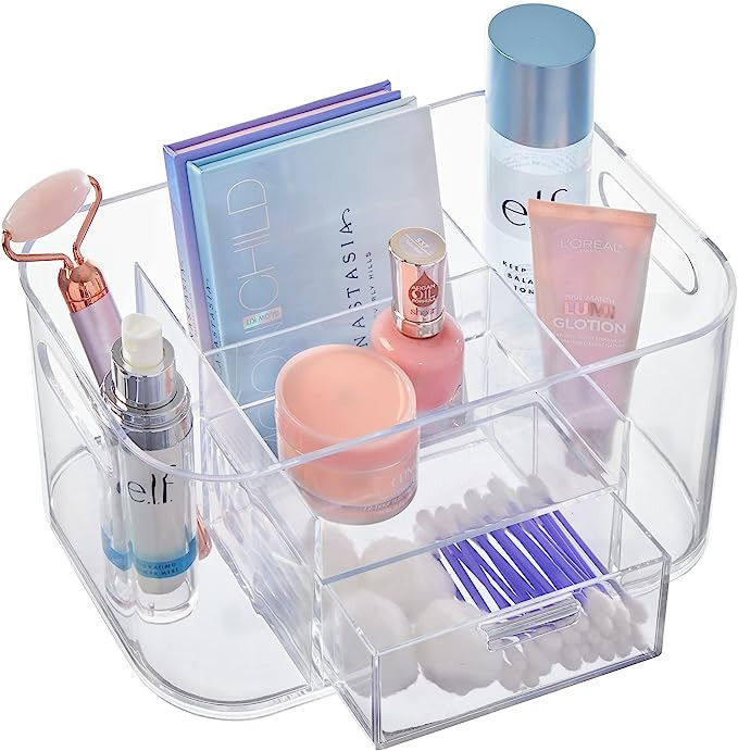 STORi Bliss 4-Compartment Plastic Vanity Organizer with Small Accessory Drawer in Clear | Rectang... | Amazon (US)