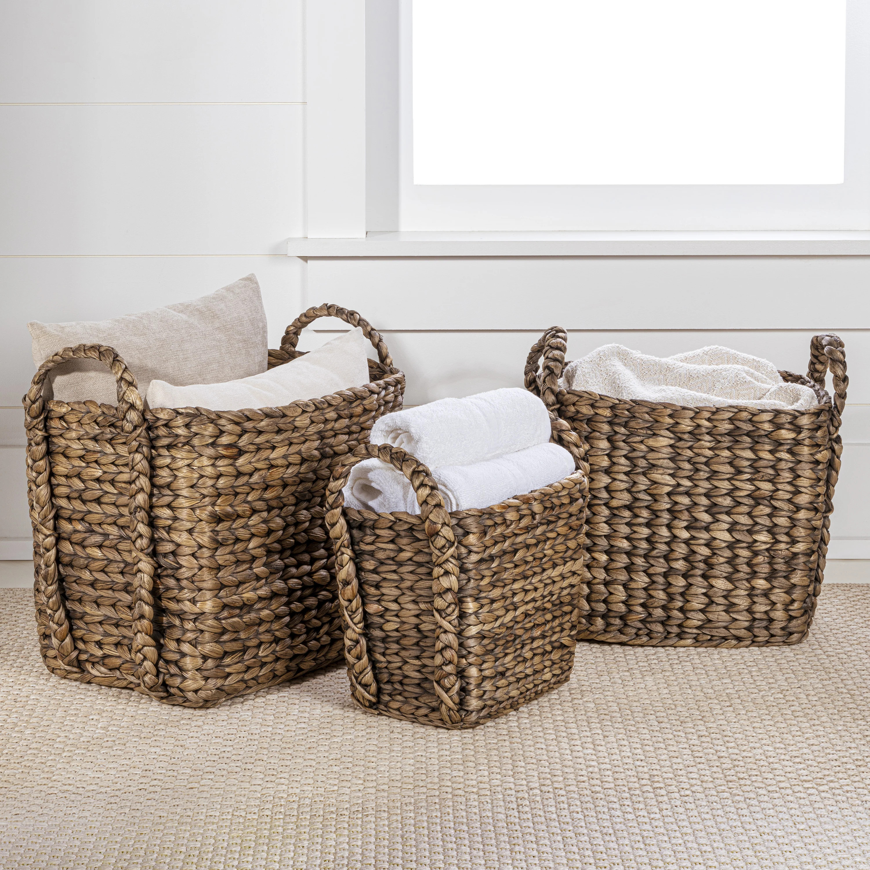 Clara Farmhouse Classic Handwoven Hyacinth Rectangle Storage Floor Baskets with Handles (Set of 3) | Shop Simon