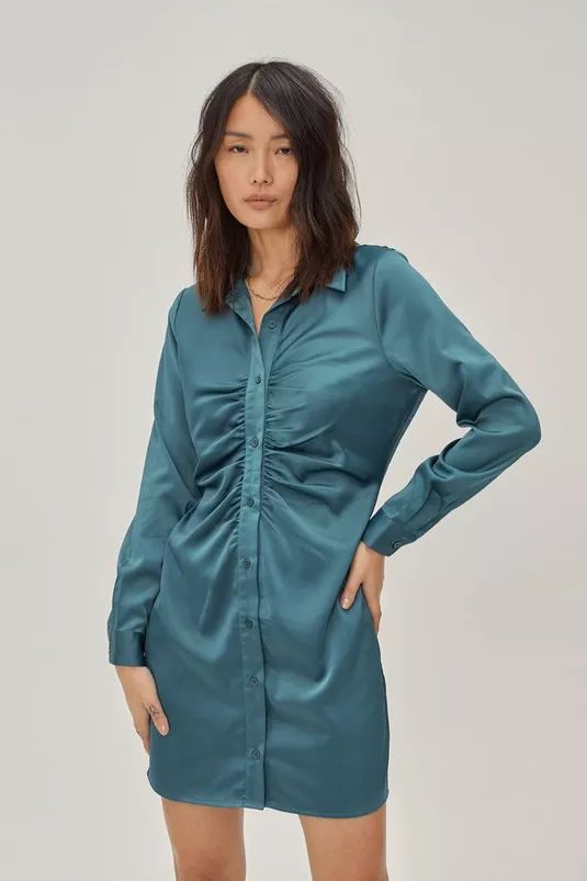 Sustainable Satin Ruched Front Shirt Mini Dress | Nasty Gal (US)