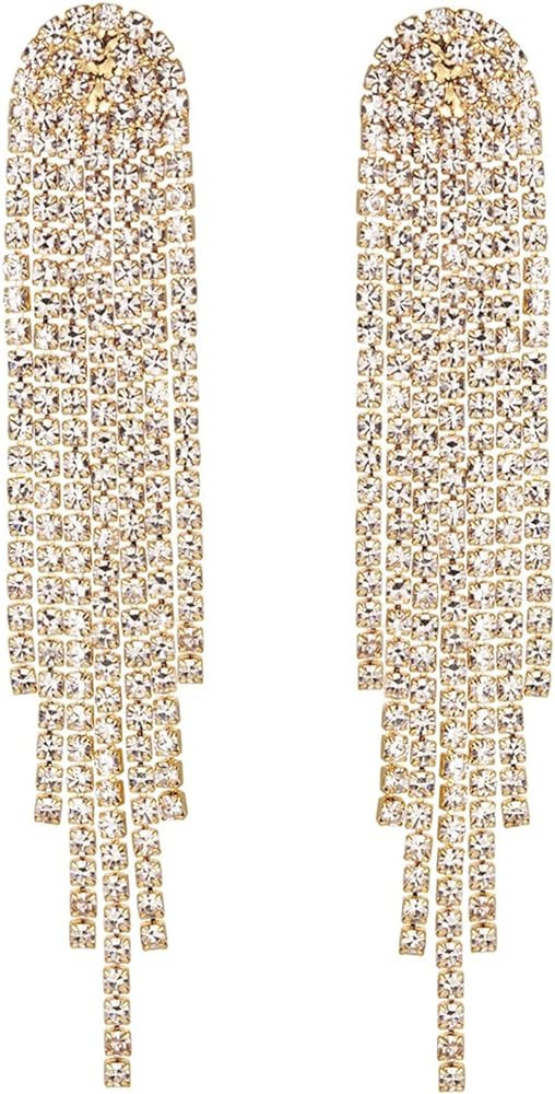 Mlouye 3.3"L Rhinestone Earrings Dangling Long Fringe Crystals Chandelier Dangle Drop Earrings fo... | Amazon (US)