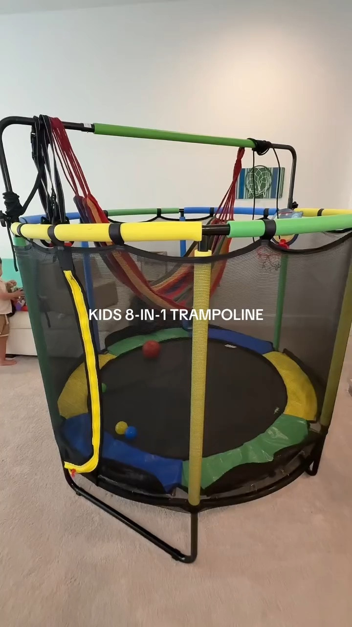 this 8-in-1 trampoline plastic toys that will be forgotten about the week after Christmas
this is the best kids
gift idea ever. It gets their energy out and includes so many activities like a basketball hoop, gymnastics bar, sandbag, hanging rings, balls to make a ball pit, and more!! #toddlersoftiktok #giftsforkids #toys #kidsactivities #minitrampoline

#LTKkids #LTKhome #LTKfamily