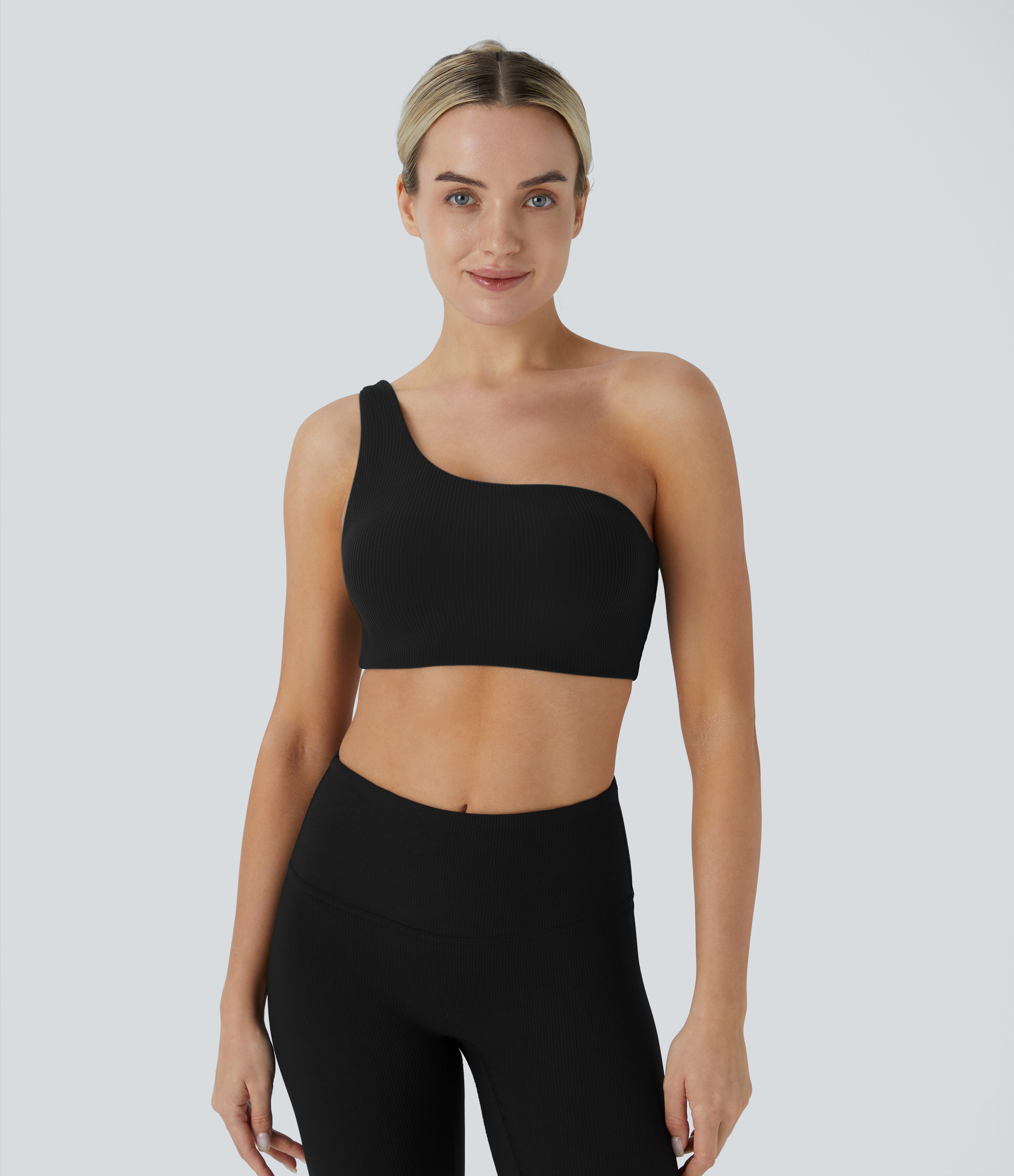 Halara Low Support Ribbed One Shoulder Yoga Sports Bra - Black - XL push up bra strapless bra backless bra sticky bra wireless bra | HALARA
