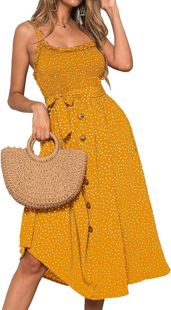 Fleur Wood Women's Casual Summer Spaghetti Strap Button Down Swing Midi Dress Sundress with Pockets | Amazon (US)