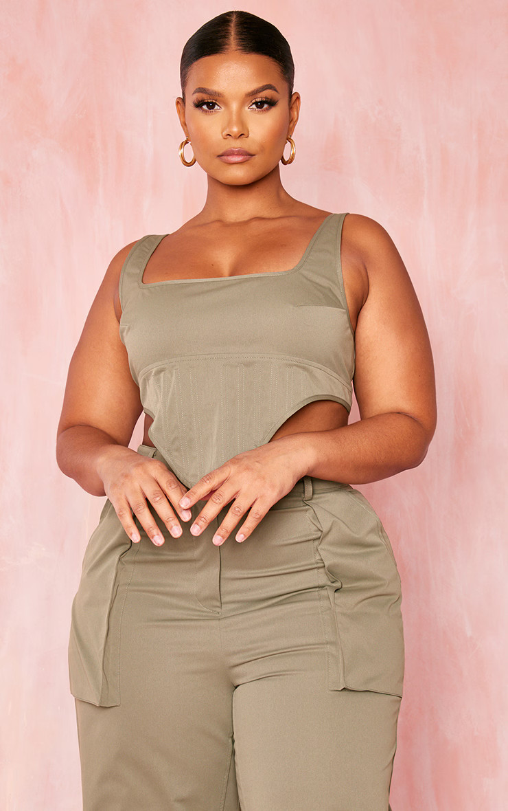 Plus Khaki Twill Dip Hem Structured Cargo Corset | PrettyLittleThing US