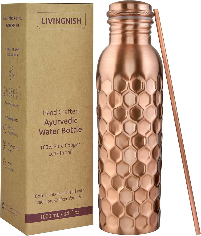 LIVINGNISH 100% Pure Copper Water Bottle for Drinking – Extra Large 34 Oz Wide Mouth, Honeycomb... | Amazon (US)