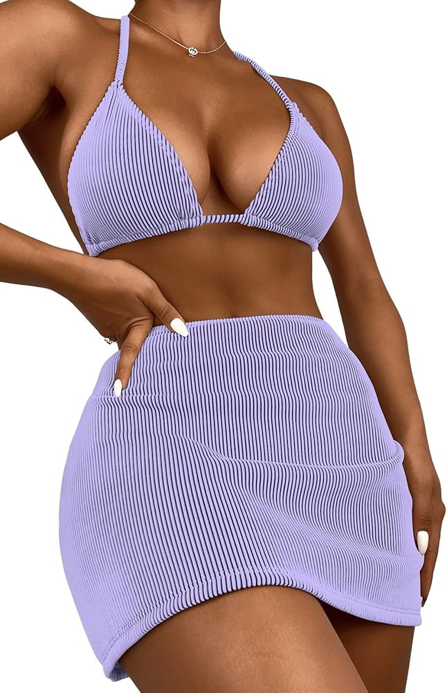 SweatyRocks Women's 3 Piece Zebra Striped Bikini Swimsuit Set & Beach Skirt Set Bathing Suit | Amazon (US)