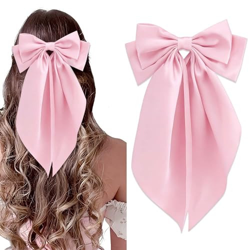 STGDAK Hair Bow Clips Pink Big Bow For Hair Long Ribbon Elegant Bowknot Hairpins Satin Valentine's Day Girls Bows Barrette Party Prom Date Cute Valentines Hair Accessories For Women Girls | Amazon (US)
