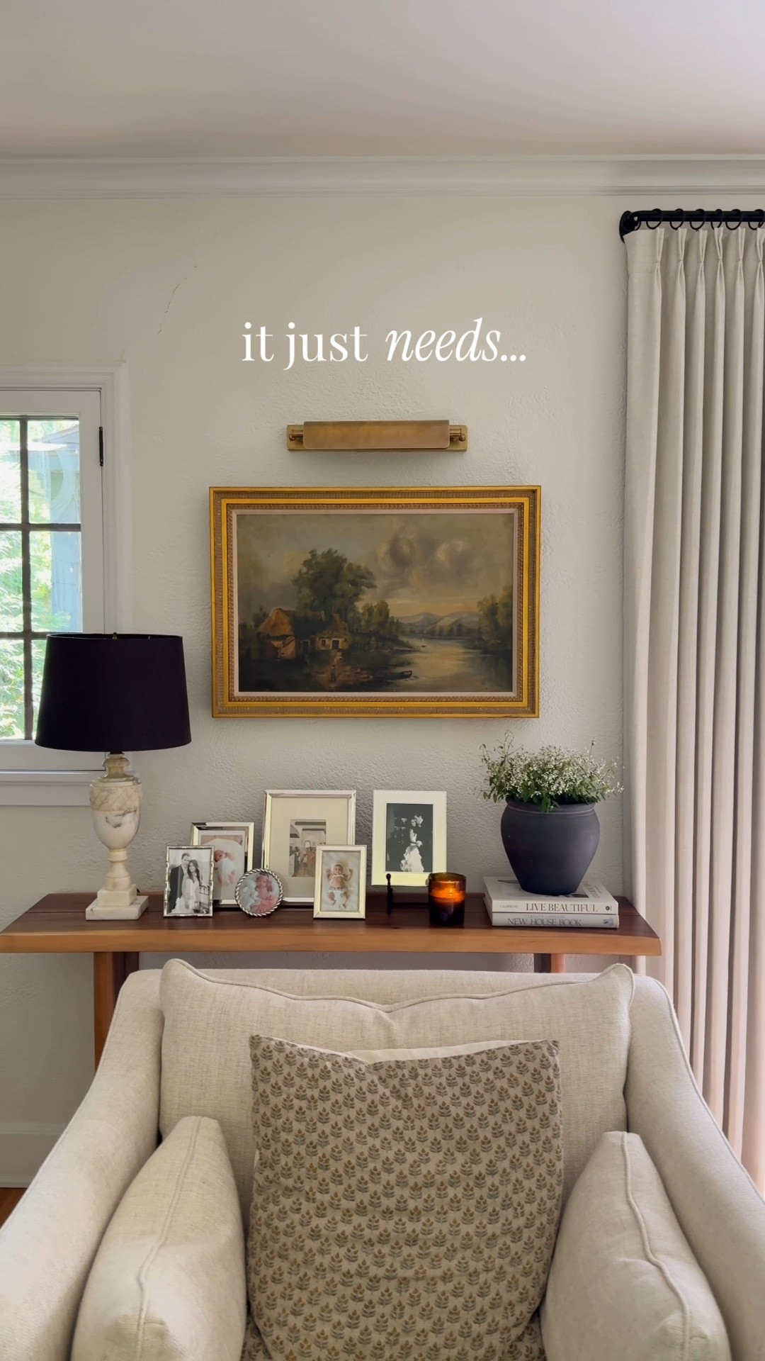 Living room wall. Picture light is from Pooky Lighting. Linked what I could including the window treatment, picture frames and furniture.

#LTKHome