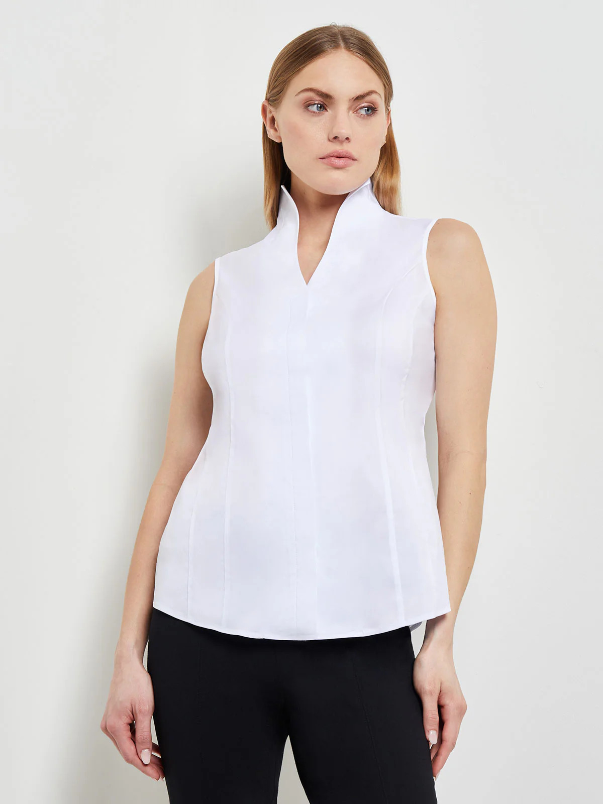 Sleeveless Stretch Cotton Blouse, White - True Fit | Misook