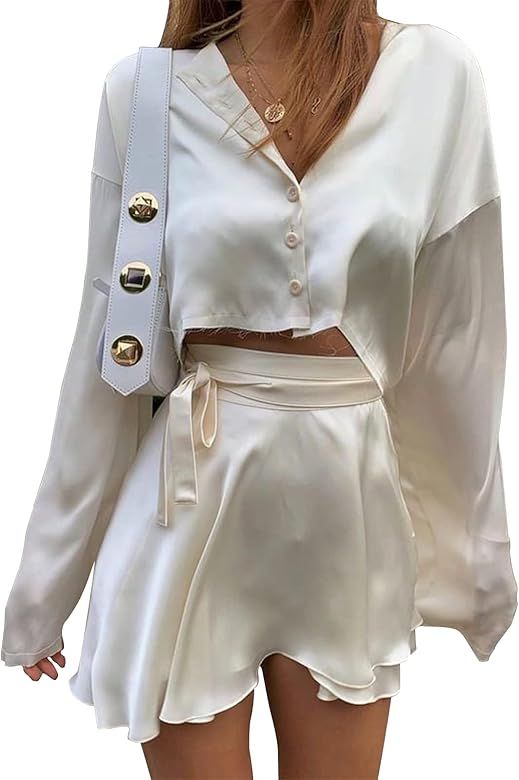 White Elegant Satin 2 Two Piece Set Women Lantern Long Sleeves Crop Tops Cardigan Sexy High Waist... | Amazon (US)