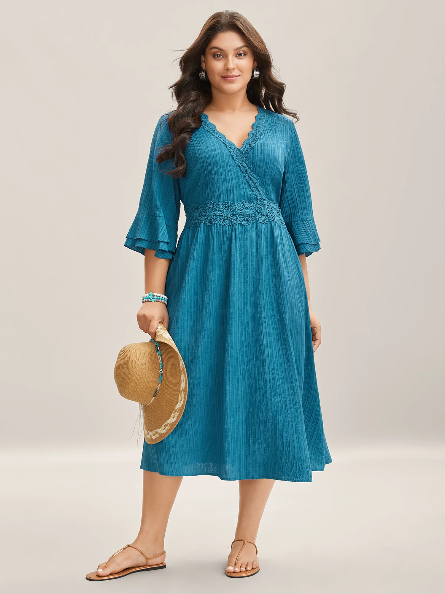 Scalloped Lace Surplice Ruffled Midi Dress | Bloomchic