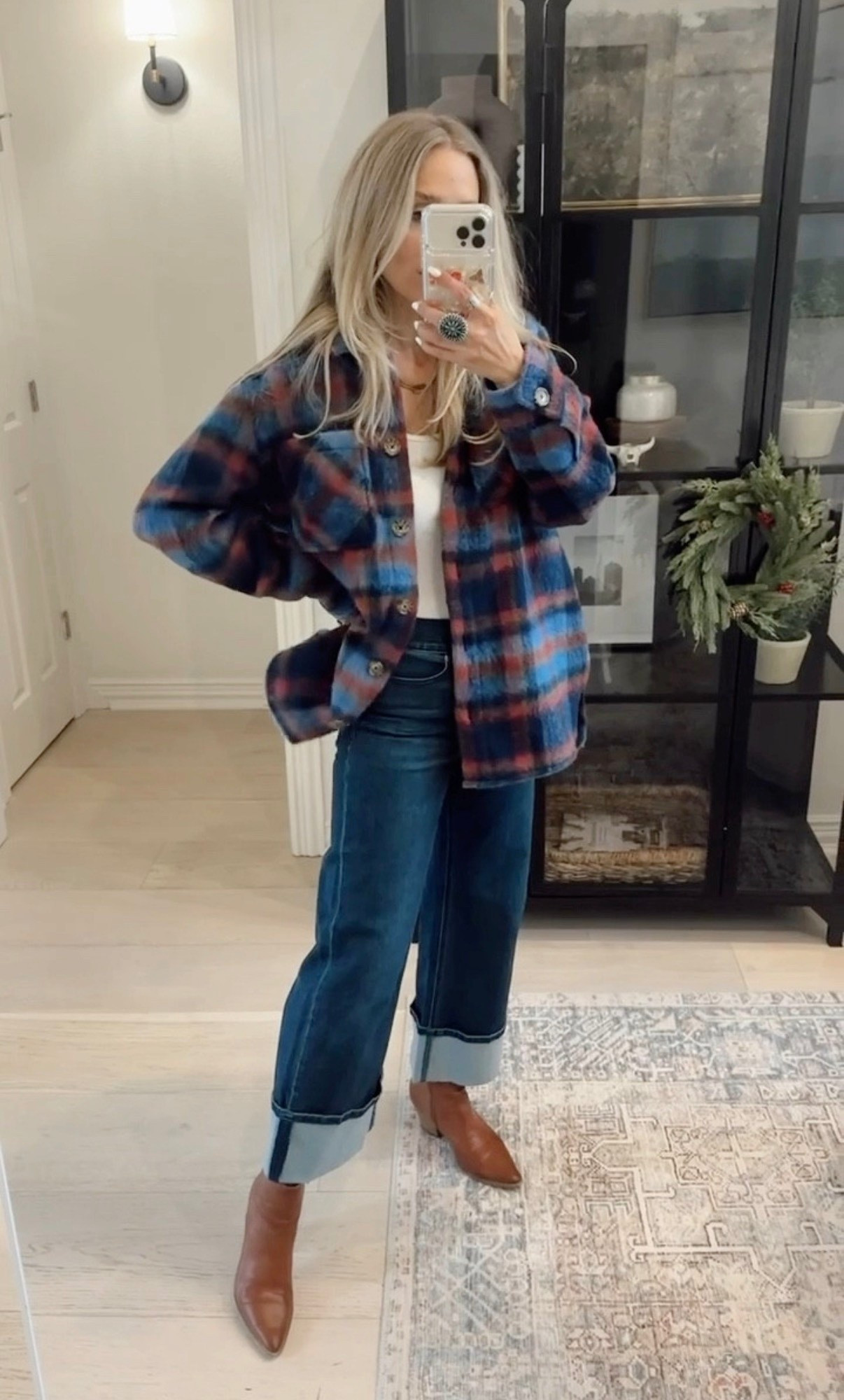 🤍 Walmart look! 👀 
Wearing size s in shacket & 4 in jeans! 
The jeans are giving designer vibes for wayyyy less. 

Paired with my favorite FP boots 

#LTKHoliday #LTKGiftGuide