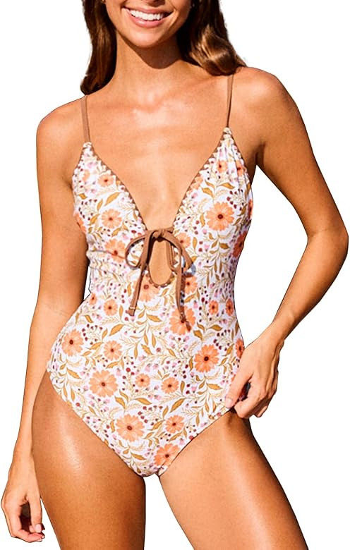CHYRII Women's Sexy Cutout Scalloped One Piece Swimsuit V Neck Bathing Suit Swimwear | Amazon (US)