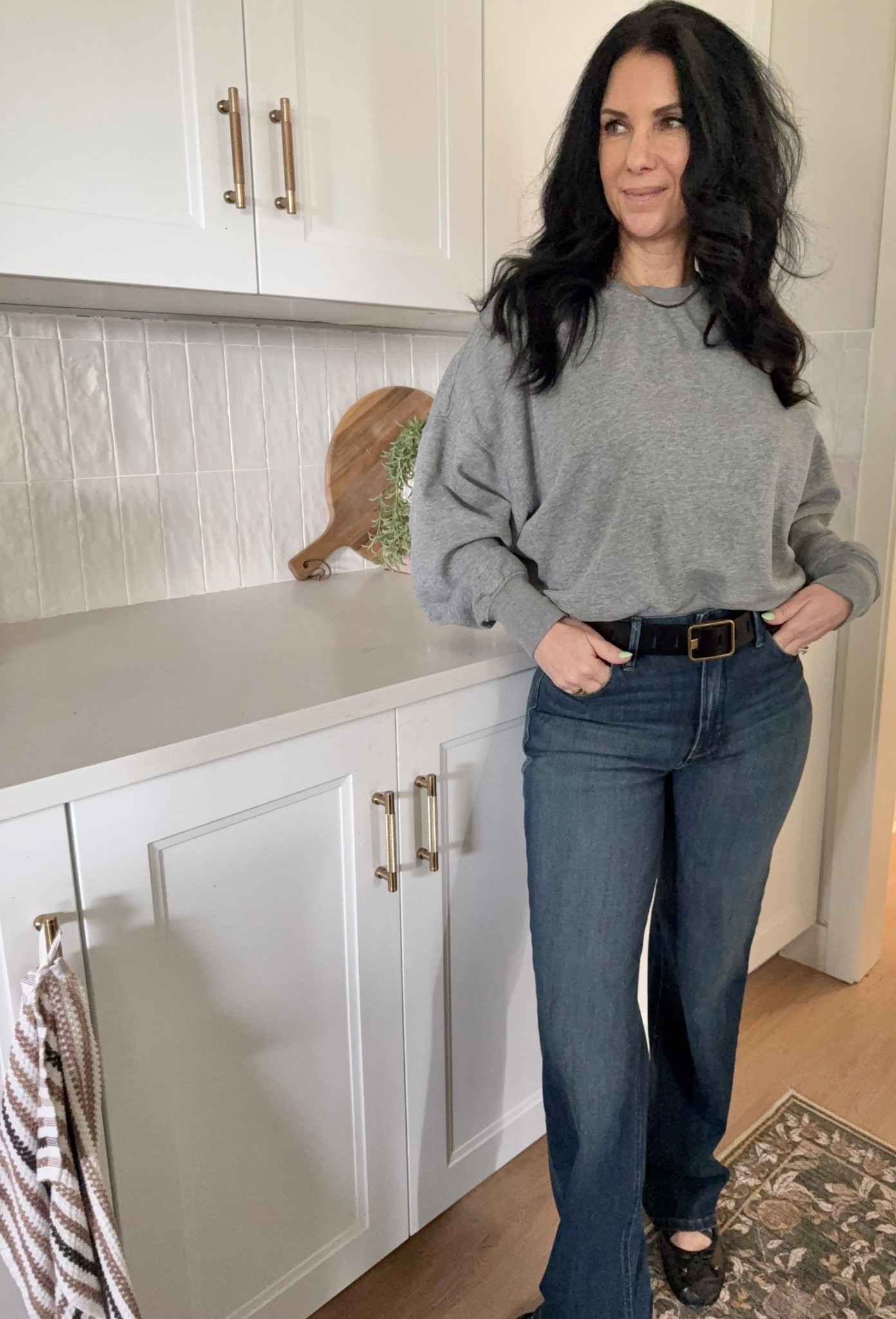 My go to look these days.. comfy denim and sweatshirt..but dress it up with a cute belt and flats! 