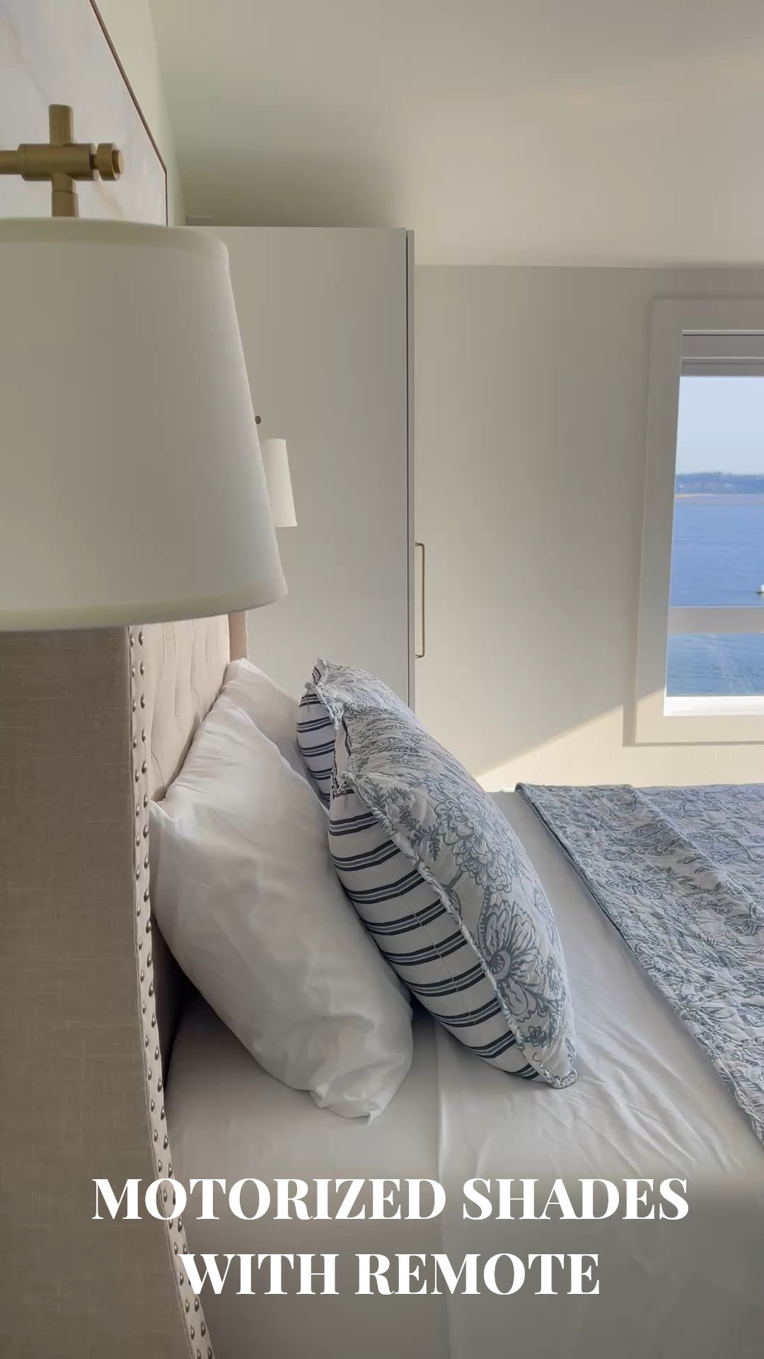 Coastal Bedroom with motorized shades and remote.

#LTKHome