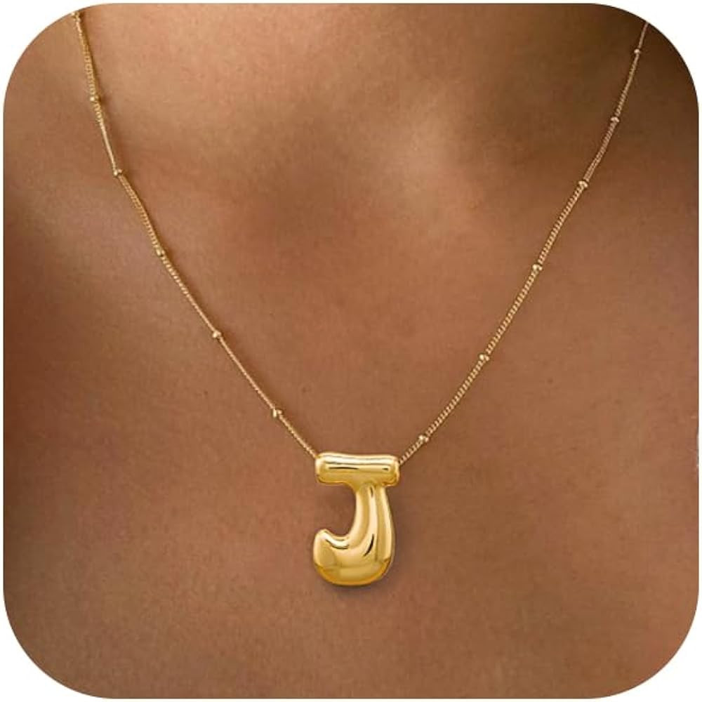 Gold Bubble Letter Necklace for Women Dainty 14K Gold Plated Balloon Initial Necklaces for Women ... | Amazon (US)