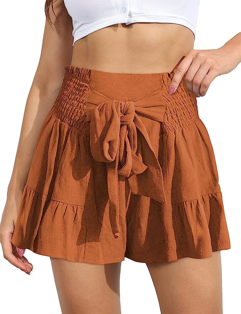 Megfie Womens Summer Shorts Ruffle Elastic High Waist Bowknot Wide Ruffle Leg Casual Shorts | Amazon (US)