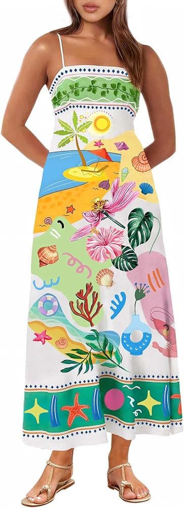 Women Spaghetti Strap Graffiti Maxi Dress Sleeveless Loose Boho Flowy Long Sundress Colorful A Li... | Amazon (US)