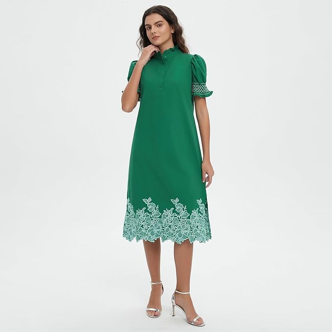 Womens Summer Midi Dress Embroidered Shift Button Down Puff Sleeve Ruffle Collar Fashion Dress | Amazon (US)