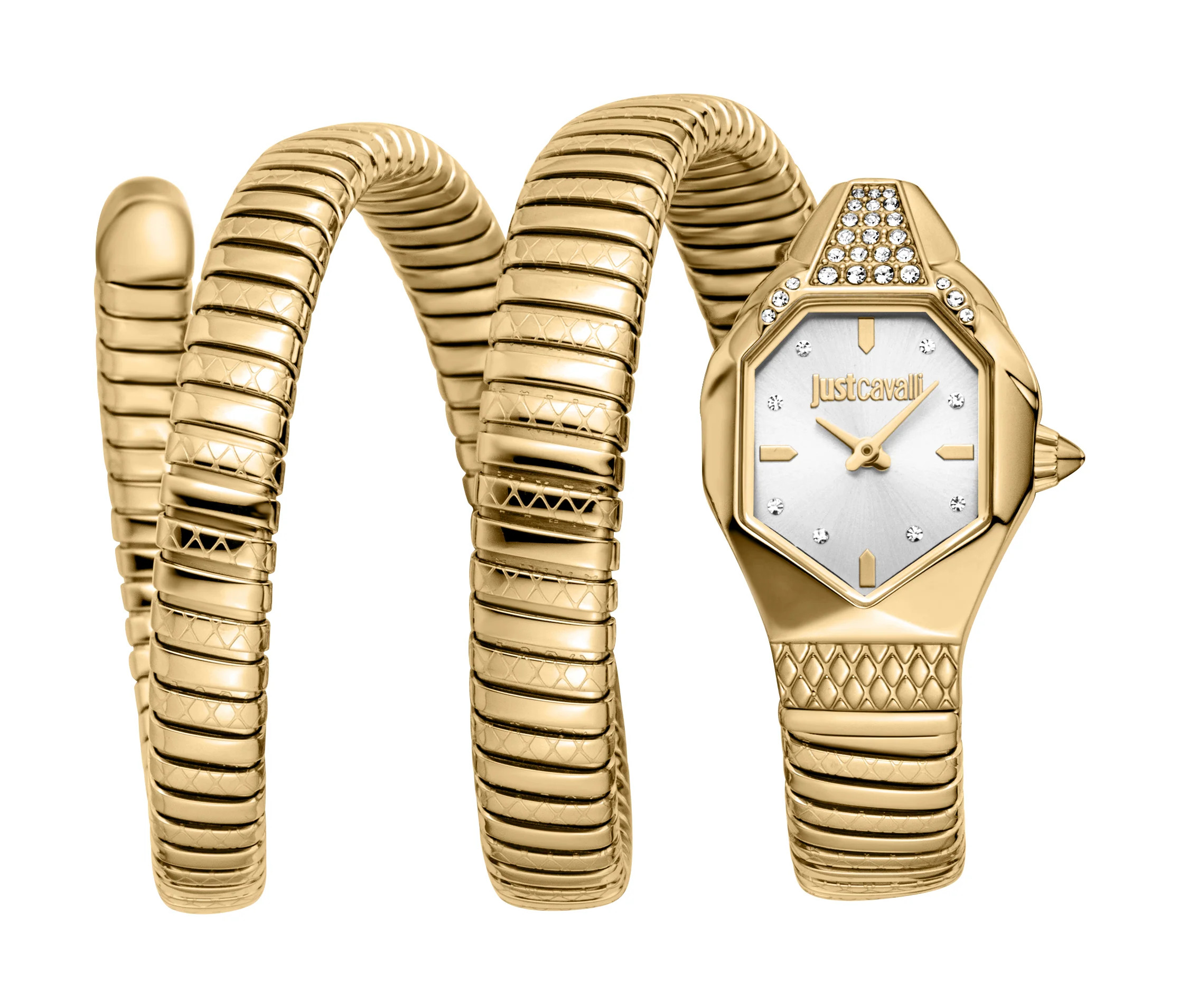 JUST CAVALLI Womens's Snake Watch, Gold Color Case, Silver Dial, Gold Color Stainless Steel Bracelet | Shop Simon