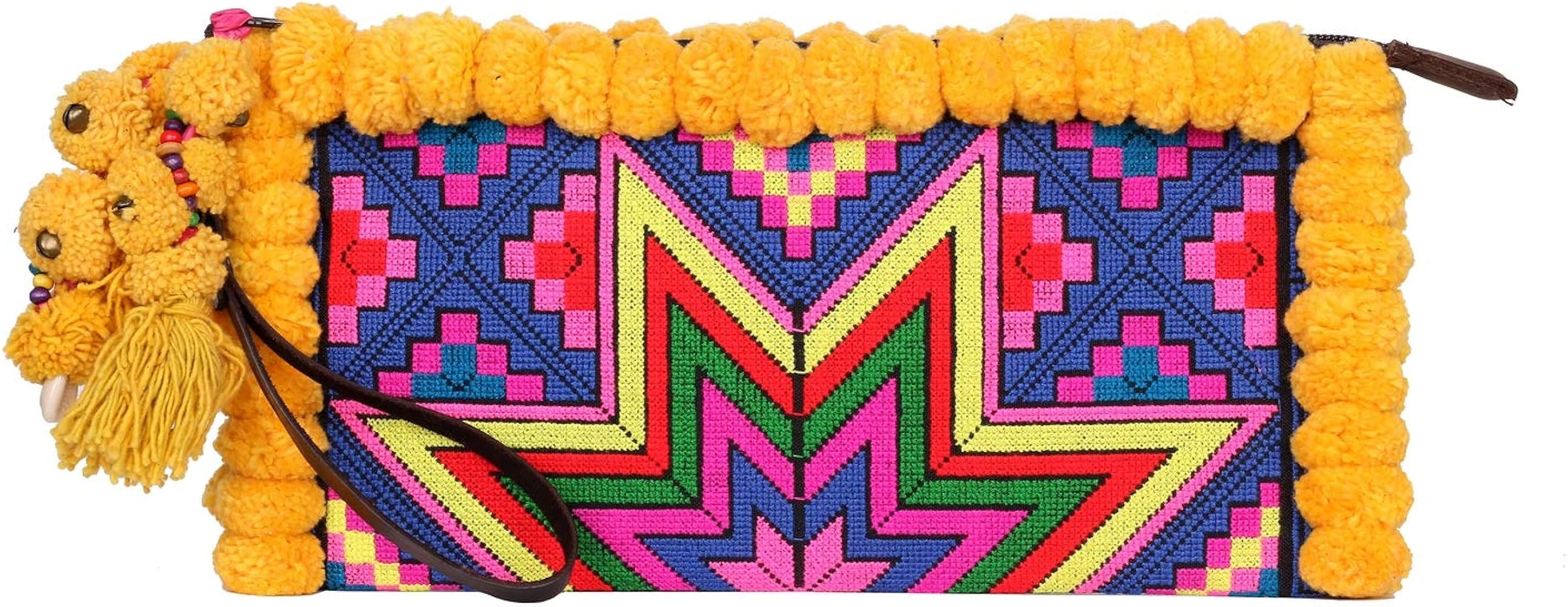 Pom Pom Clutch Bag with Embroidered Hmong Tribes, Adjustable Strap | Amazon (US)