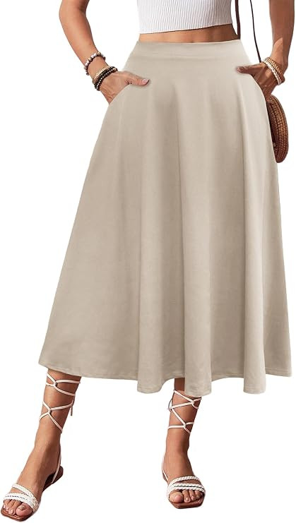 POPZONE Women Midi Skirt A Line Flowy Flared Casual Skirt with Pocket | Amazon (US)