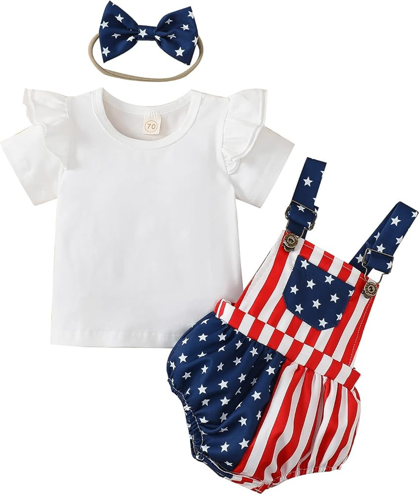 Newborn Baby Girl 4th of July Outfit Ribbed Short Sleeve Shirt Top+USA Flag Star Stripe Suspender... | Amazon (US)