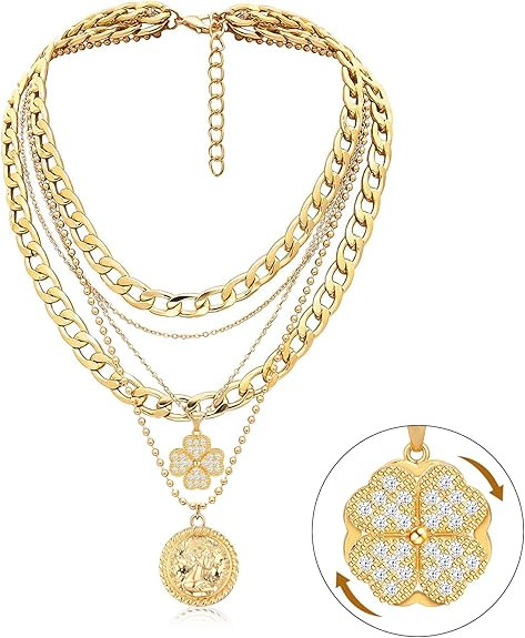 MJartoria Layered Necklaces for Women Trendy Retro Coin Pendant Necklace Dainty Chunky Chain Chok... | Amazon (US)