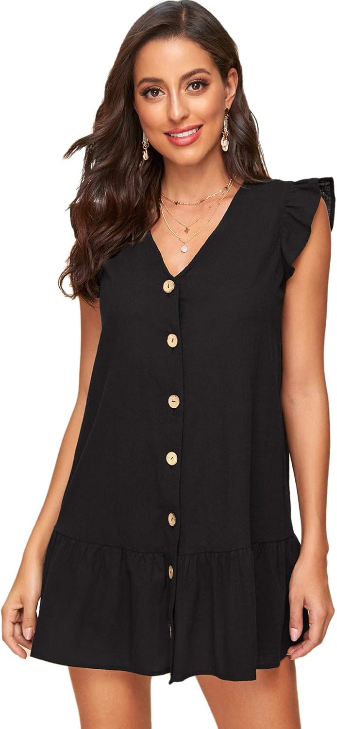 Romwe Women's Summer Cap Sleeve Button Down V Neck Ruffle Hem Loose Mini Dress | Amazon (US)