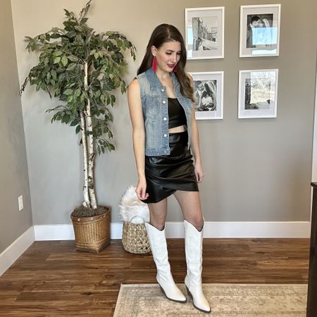 Leather, denim, and cowgirl boots + a splash of pink (earrings). 

Valentine’s Day outfit, date night outfit, girls night out, spring outfit, summer outfit  

#LTKSeasonal #LTKfindsunder50 #LTKparties