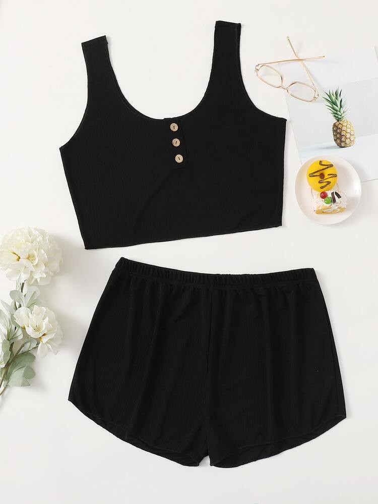 Plus Solid Button Front PJ Set | SHEIN