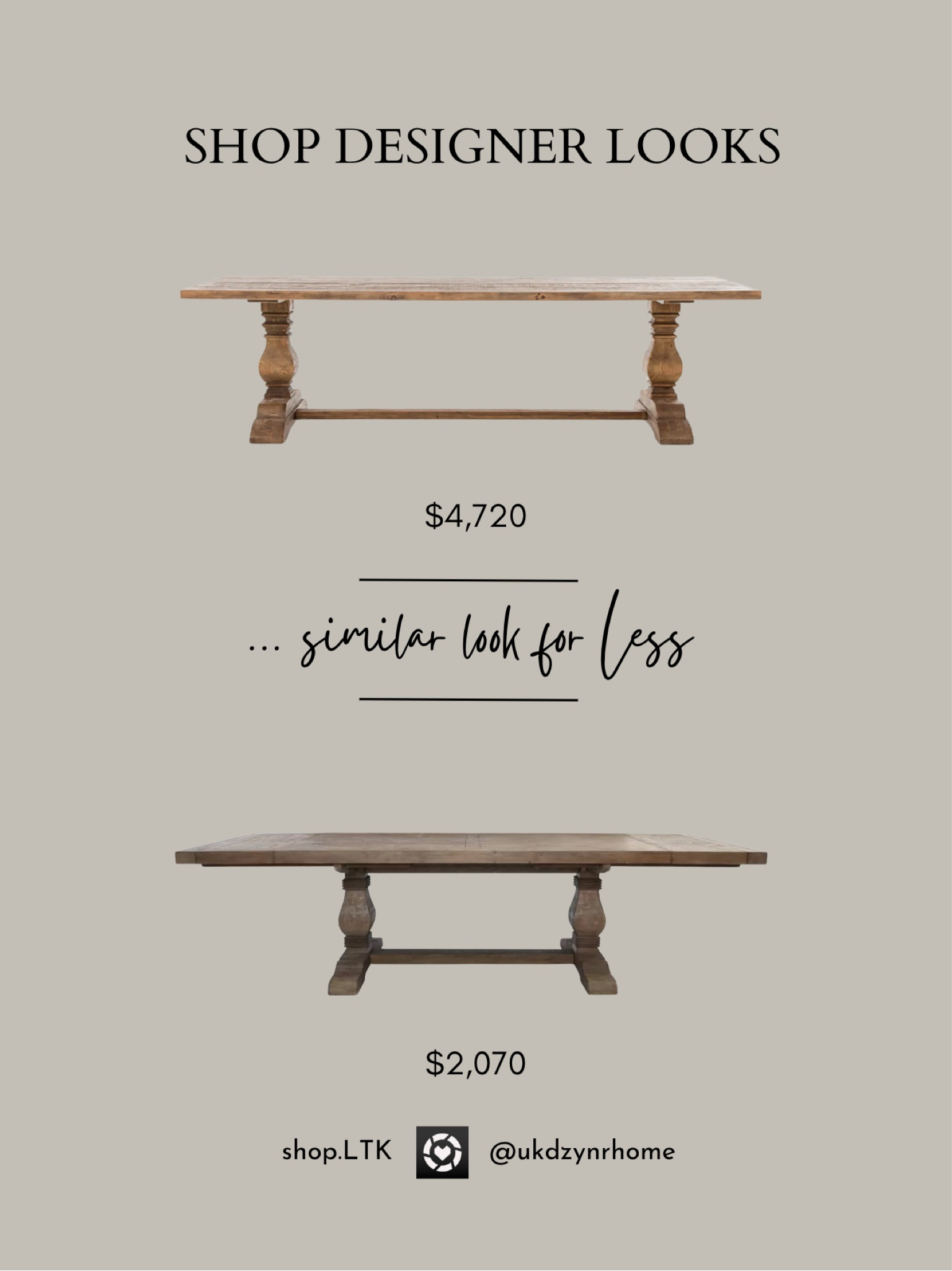 Designer Looks …similar looks for Less

Home Decor
Rustic Dining Table
Wood dining table
Farmhouse dining table

#LTKhome #LTKFind