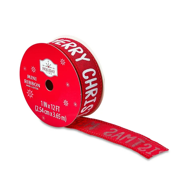 Red Polyester Merry Christmas Mini Ribbon, 1 in x 12 ft, by Holiday Time - Walmart.com | Walmart (US)