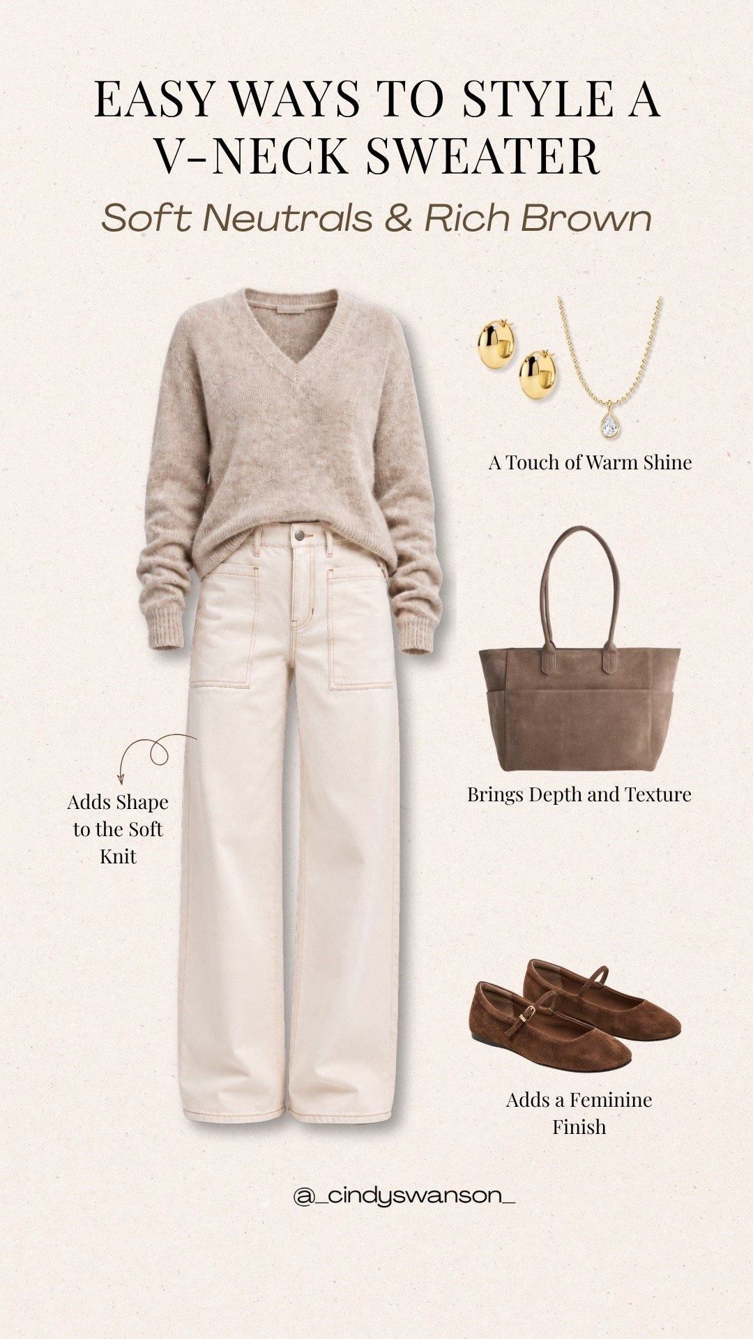 A soft neutral V-neck sweater paired with cream wide-leg jeans is such an easy way to create a polished, timeless outfit. I love how the rich brown bag and Mary Jane flats add warmth and texture while keeping the look comfortable and versatile for everyday outings, lunch, or a casual day out.