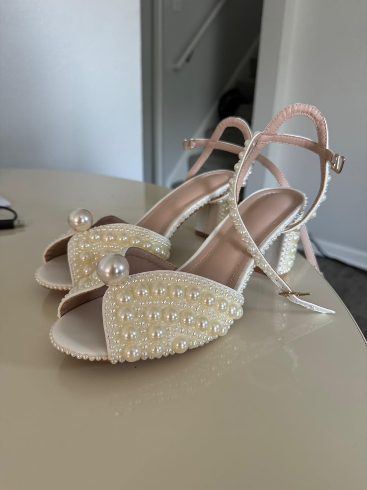 Goolita Full Pearl Heels For Women Block Buckle Ankle Strap Heeled Sandals Rhinestone Open Toe Ev... | Amazon (US)